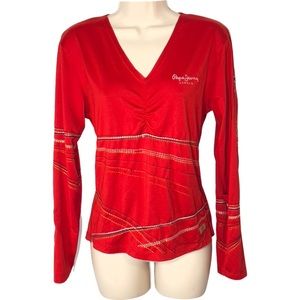 Vintage PEPE JEANS London Red Long Sleeve V Neck Patch Running Stitch Detail XL